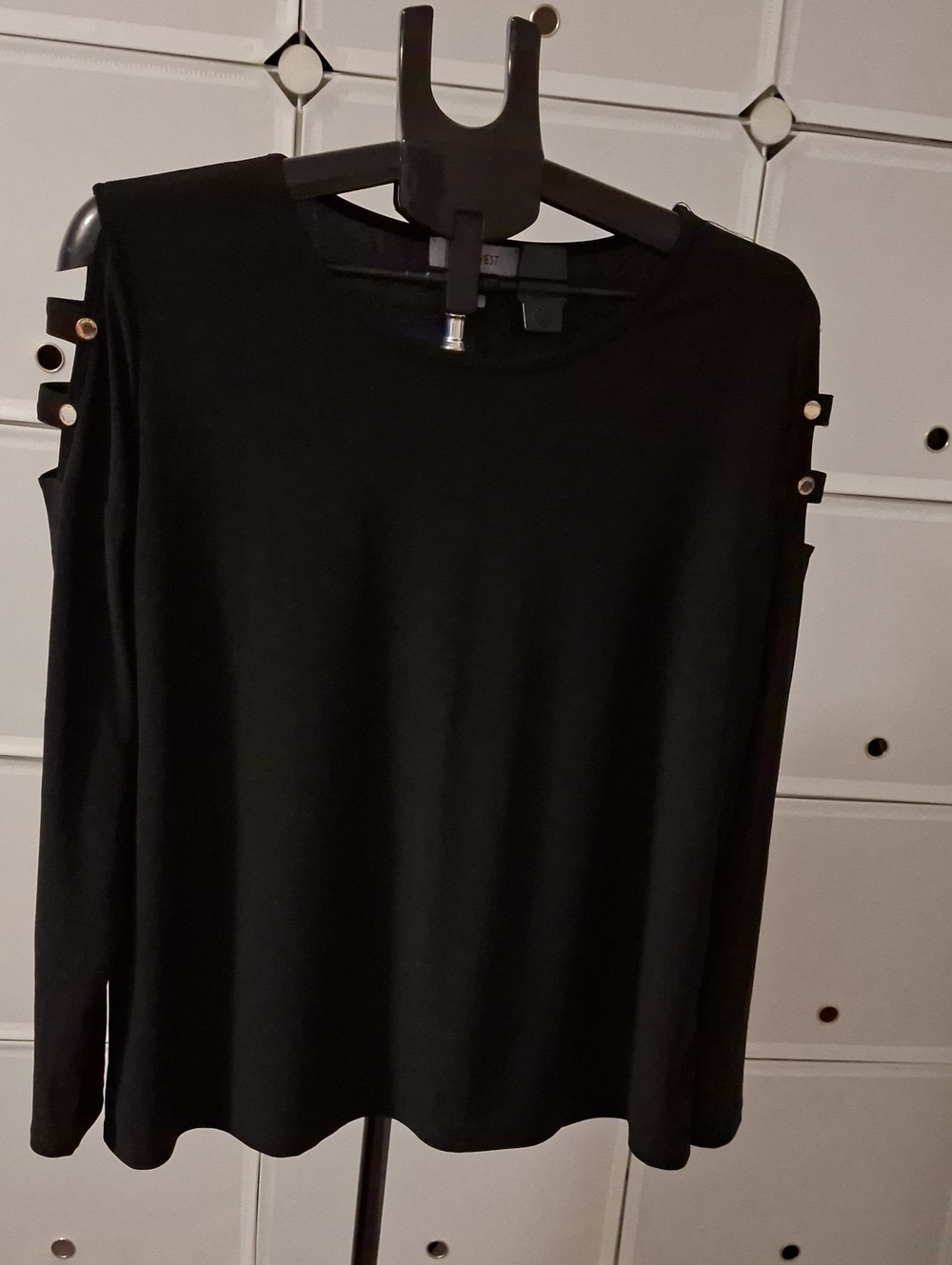 Nine West Black Cold-Shoulder Long Sleeve Top with Button Accents